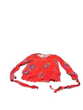 Eyeshadow Red Floral Long-Sleeve Tie Cuff Blouse